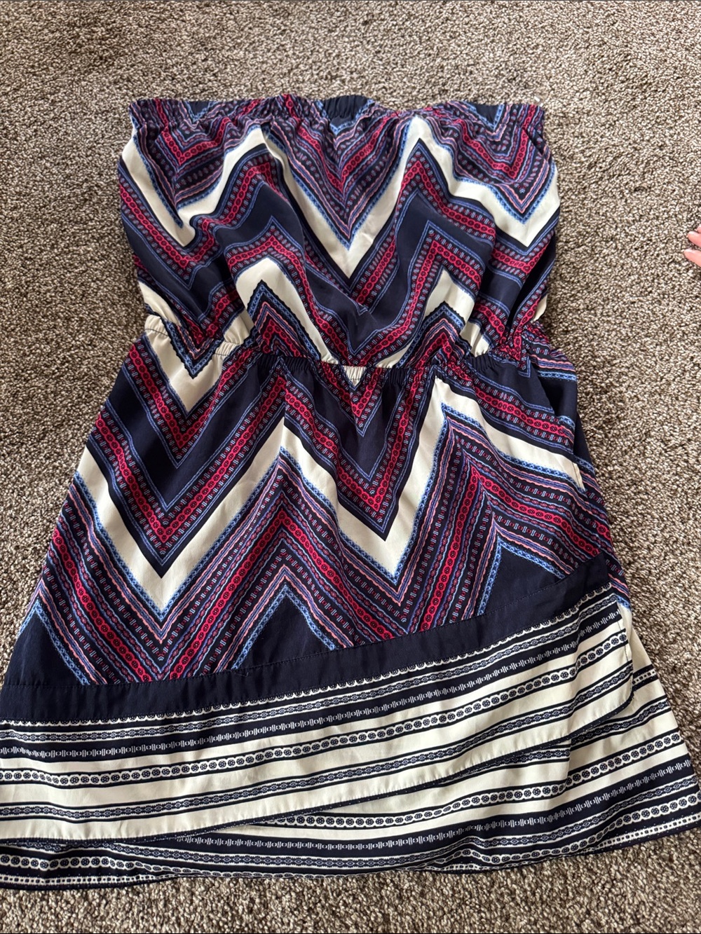 Express Strapless Chevron Dress in Navy, White & Pink
